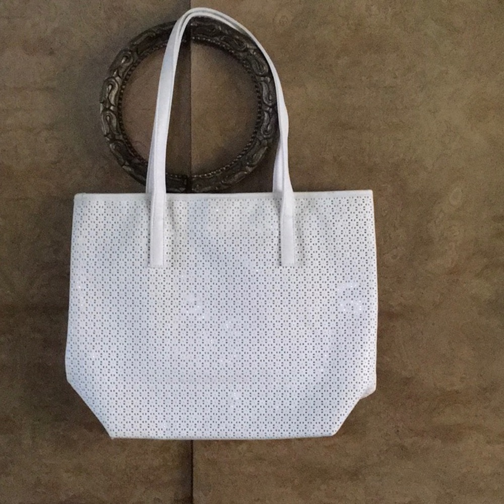 Large white faux leather tote bag